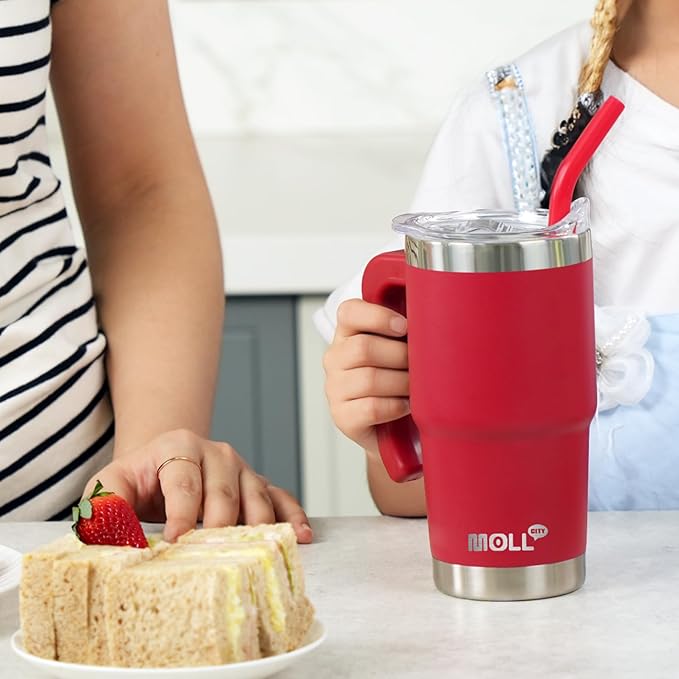 Insulated Tumbler with Handle 16 oz Stainless Steel Double Wall Vacuum Tumbler Cups Travel Coffee Mug with Lid and Straw (Purple Pink) - Bloomnest
