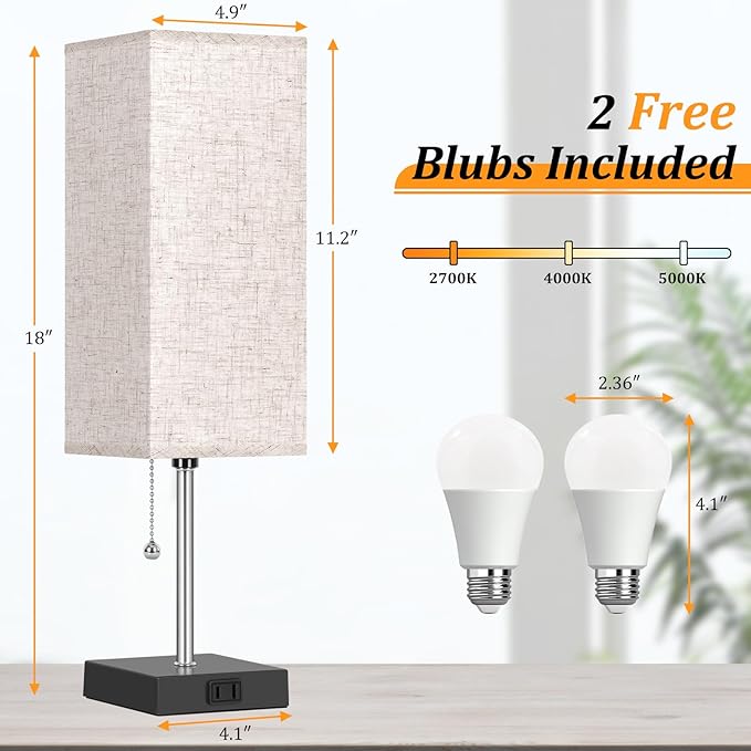 Table Lamp for Bedroom set of 2,3-Color Bedside Lamps with Pull Chain Table Lamps for Nightstand with AC Outlets,18'' Night Light Lamps with 2 Bulb Lamps for Living Room Kids Office Decor（Black+Cream） - Bloomnest