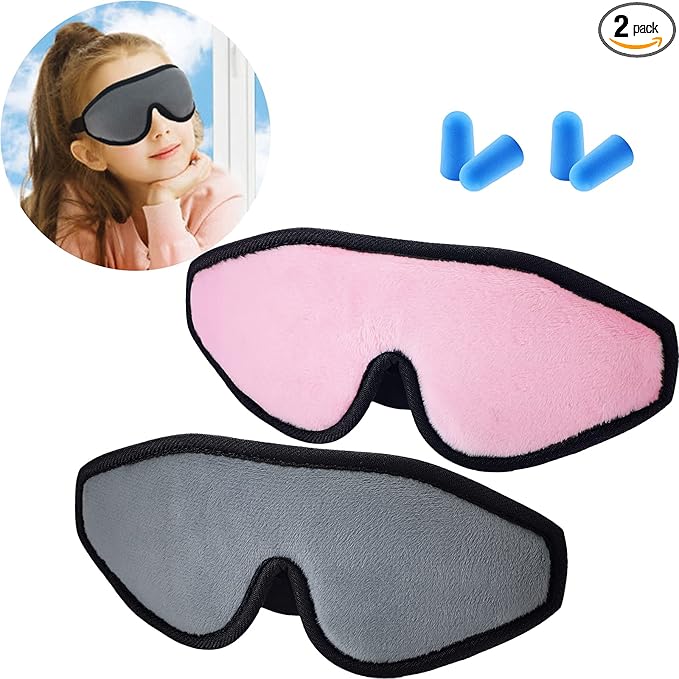 2 Pieces 3D Sleep Mask for Kids Memory Foam Contoured Eye Mask, Travel Sleep Eye Cover with Adjustable Strap, 3D Blindfolds(Pink and Grey) - Bloomnest