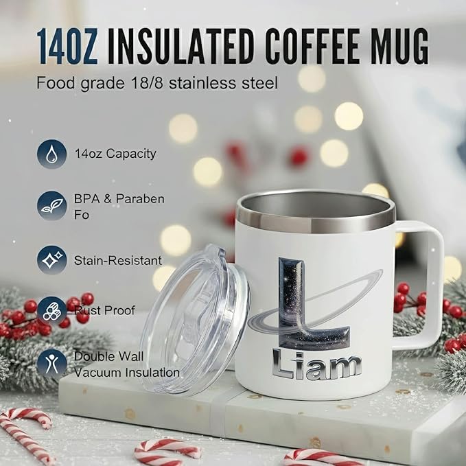 Personalized Christmas Insulated Coffee Mug with Handle – Custom Galaxy Initial Letter. Double Wall Stainless Steel Travel Tumbler for Hot & Cold Drinks – Unique Holiday Gift for Space Lovers(B119) - Bloomnest