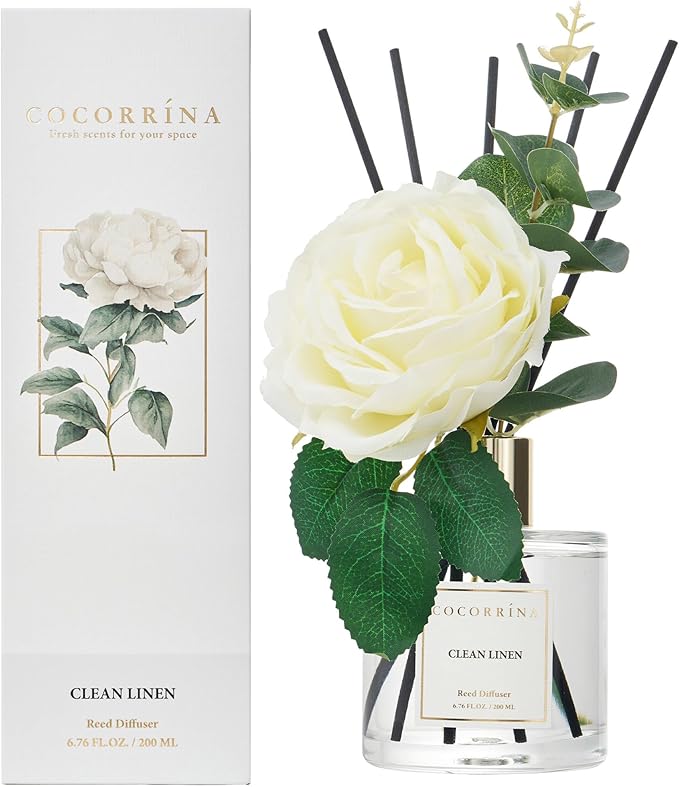 Cocorrína Flower Reed Diffuser - Clean Linen 6.7oz Scented Diffuser with Sticks Home Fragrance Essential Oil for Bathroom Shelf Decor (Artificial Flower) - Bloomnest