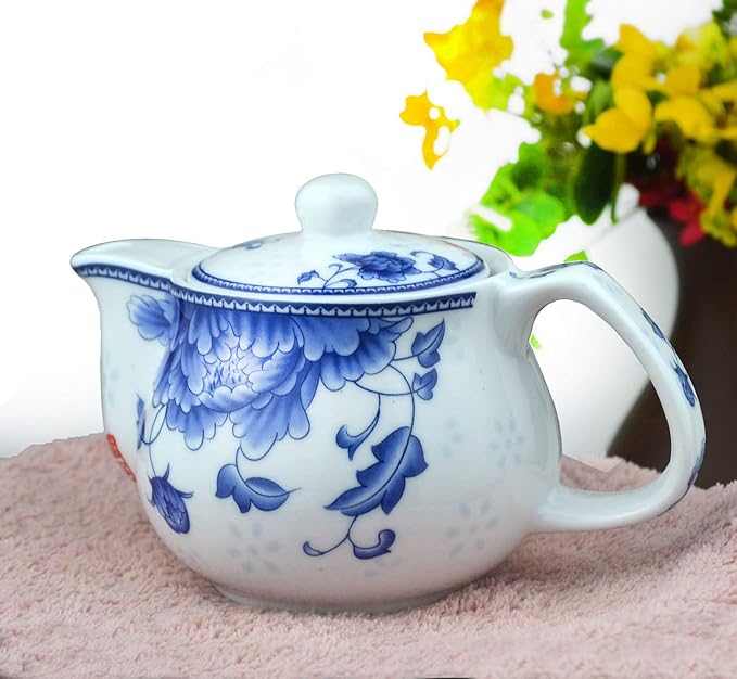 Small Teapot 9oz Blue and White Porcelain Tea Pot with Stainless Steel Infuser Classical Chinese Penoy Flower (Peony)