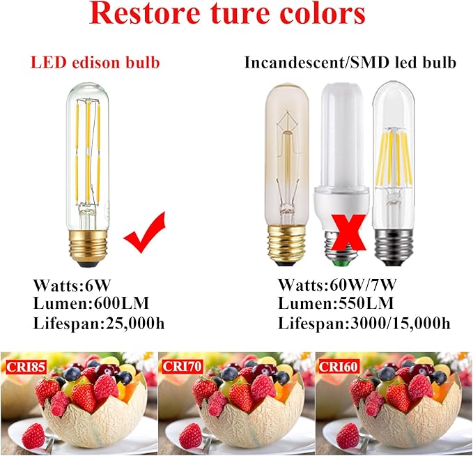 Arberlic 5 Inch T10 LED Bulb,6W Tubular Light Bulb Equivalent E26 led Bulb 60 watt dimmable,Warm White 2700K,600lm,CRI85+,AC120V,Edison Style,Clear Glass,Flicker Free,Pack of 6 - Bloomnest