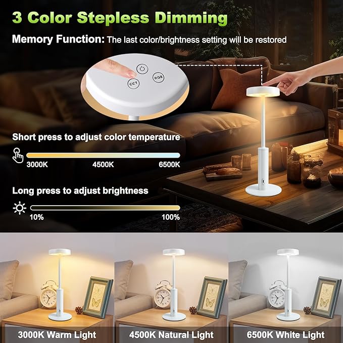 2 Pack Cordless Table Lamps Rechargeable,5000mAh Battery Operated Portable Desk Lamp,3 Colors & RGB Stepless Dimmable Wireless Touch Lamps for Restaurant Home Dinner Dining Patio(White) - Bloomnest