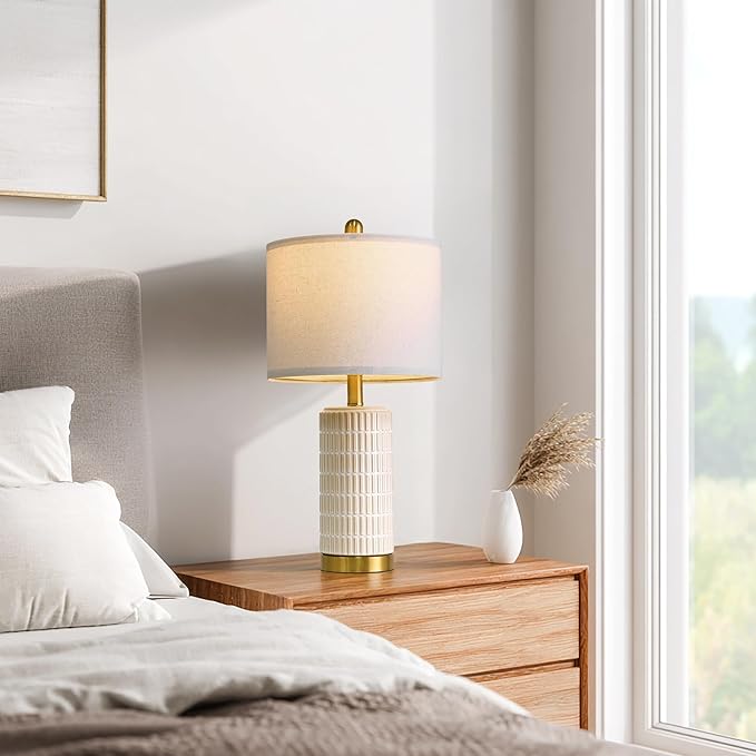 PoKat Small Bedside Table Lamps with USB Ports for Bedroom, 21.5'' White Nightstand Lamps for Night Stands, Modern Ceramic Bedroom Lamps for Living Room End Table, White and Beige - Bloomnest