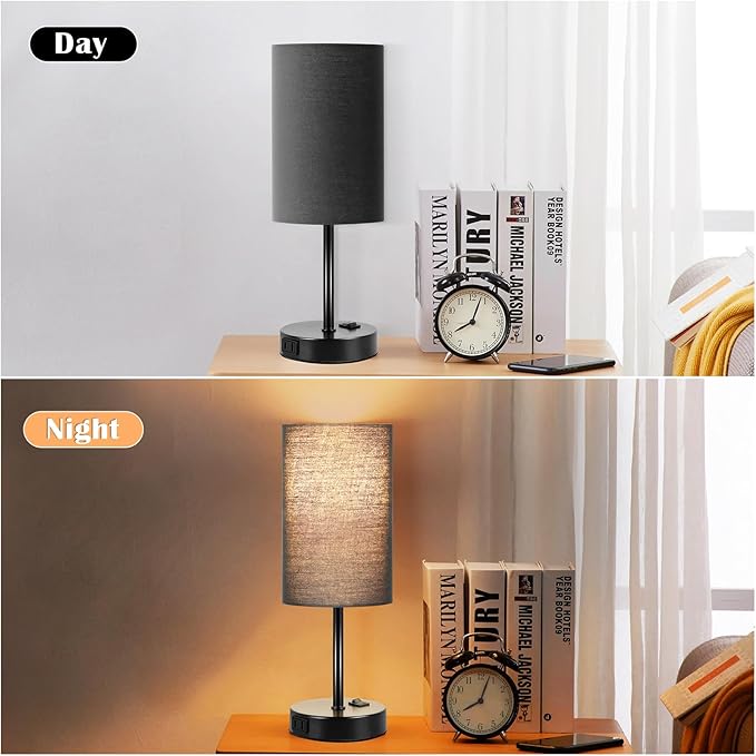 ZJOJO Table Lamp for Bedroom Set of 2, Bedside Small Lamps with 3 Way Dimmable Rocker Switch and AC Outlet, Nightstand Desk Lamp with Black Fabric Shade Black Base for Living Room Home Decor Lights - Bloomnest
