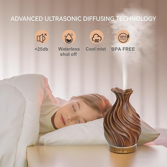 200ml Essential Oil Diffuser for Home, Wood Grain Cover Aromatherapy Diffuser, Cool Mist Humidifier with Safe Auto Shut-Off and 2 Mist Modes & 7 Color LED Night Lights for Office Room (VASE01) ZqLotXiao