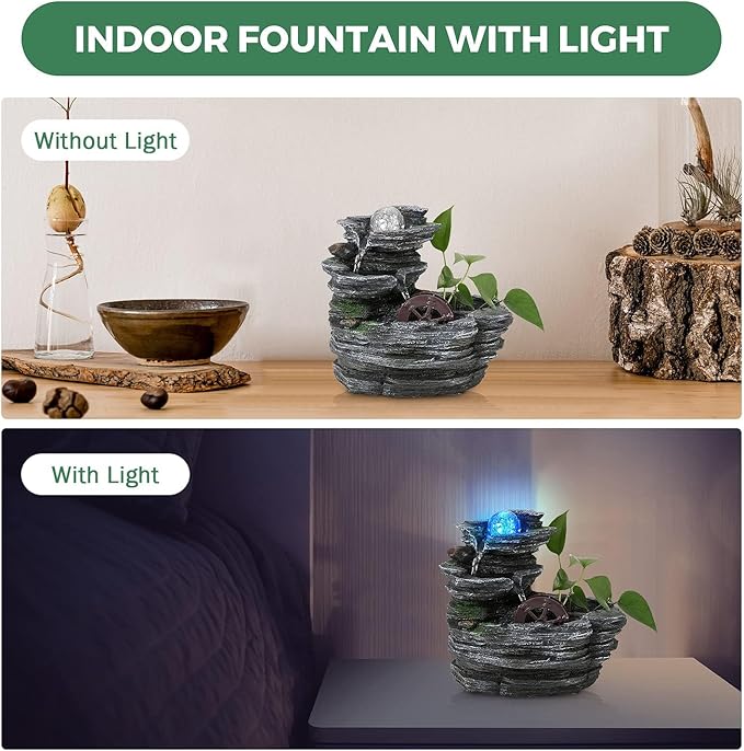 Tabletop Water Fountain,Environmental Resin Meditation Waterfall,Desktop Fountain with Waterwheel,Indoor Waterfall Feature with Crystal Ball and Light for Home Office Decor Relaxation 10X7X11in