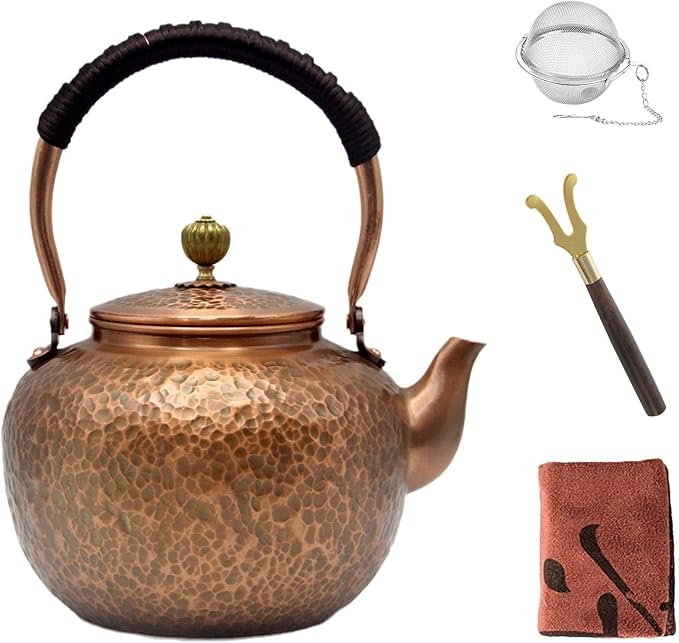 50.7oz Elegant Chinese Style Copper Tea Kettle For Stovetop, Non-Coating Pure Copper Teapot with Stainless Steel Infuser For Loose Tea, Large and Solid Tea Pot(1500ml) - Bloomnest