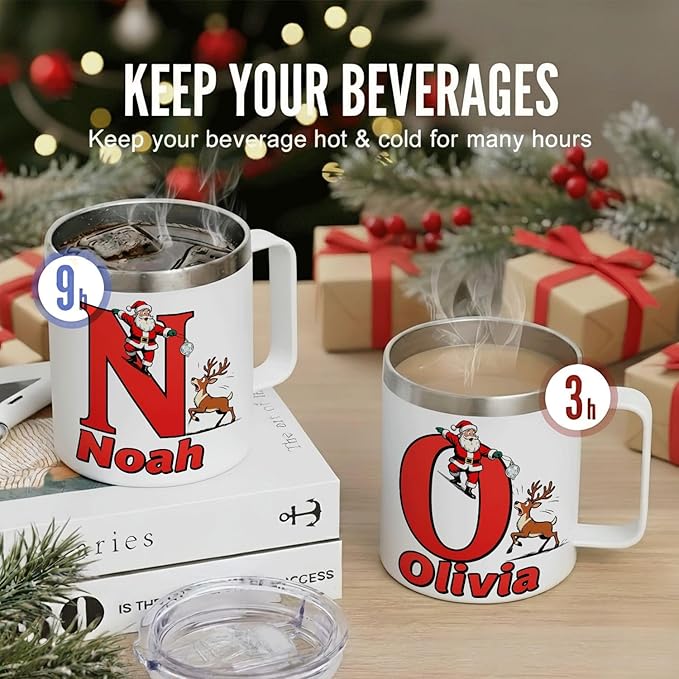Personalized Christmas Mug with Name Initial - Custom Santa Reindeer 12oz Insulated Stainless Steel Coffee Cup Tumbler with Handle & Lid - Fun Holiday Xmas Gifts for Kids, Women, Men, Family (B150) - Bloomnest
