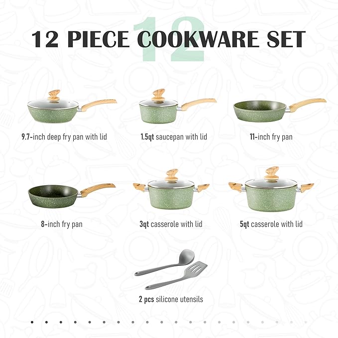 MAISON ARTS Pots and Pans Set Non Stick, 12 Piece Green Granite Kitchen Cookware Induction Compatible, Pot and Pan Sets for Cooking Nonstick - Bloomnest