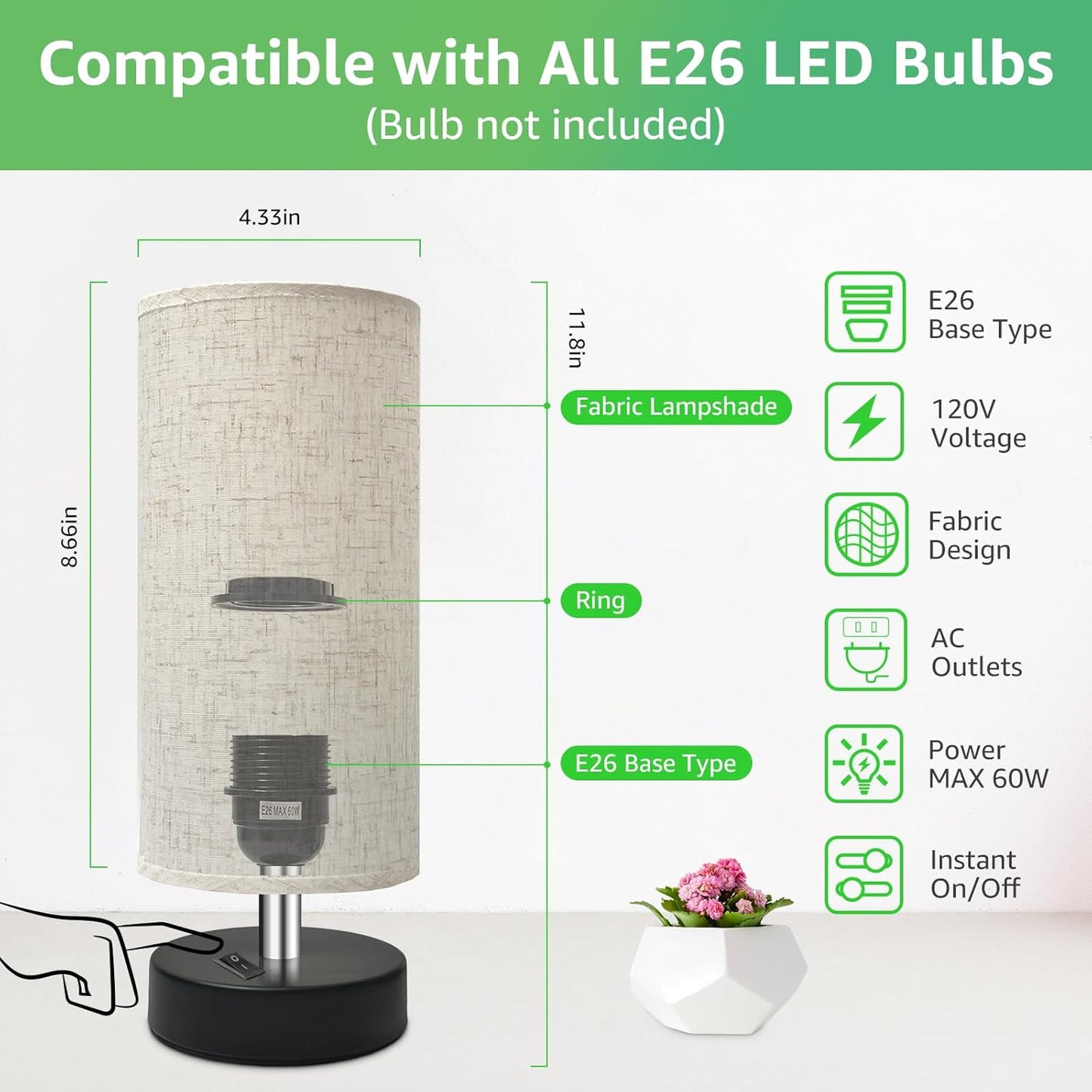 Small Lamp for Bedroom, Bedside Lamps for Night Stands, Mini Minimalist Table Lamp with Round Flaxen Fabric Shade, 11 Inch Desk Reading Lamp for Dorm Room Living Room Office Room, 1 Pack