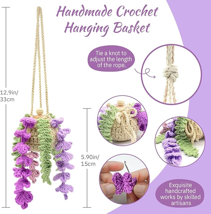 Crochet Car Air Freshener, 15ml Empty Refillable Oil Diffuser Bottle with Crochet Violet Hanging Plant for Car Rearview Mirror Decor, Handmade Home&Office Decor - Bloomnest