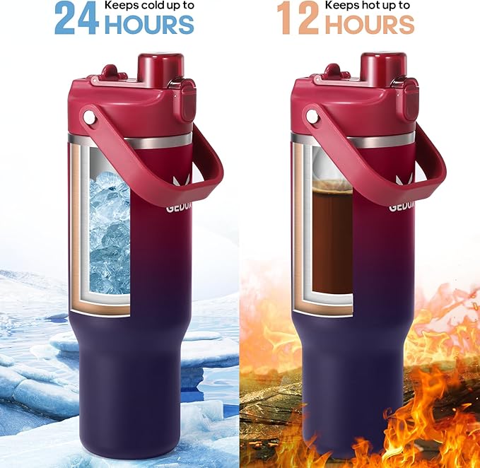 32 oz Gradient Blue Stainless Steel Tumbler with Handle and Straw, Vacuum Insulated Water Bottle with Leak-Proof 2-in-1 Lid and Silicone Boot, Keeps Drinks Hot and Cold (reddish black, 40oz) - Bloomnest