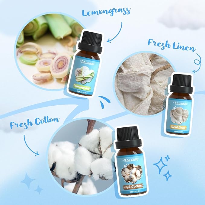 SALKING Clean Fragrance Oils Set, Premium Essential Oil for Diffuser, Scented Oil Gift Set for Soap Candle Making - Lemongrass, Fresh Cotton, Fresh Linen, Cherry Blossom Soap, Clean Air, Aloe - Bloomnest