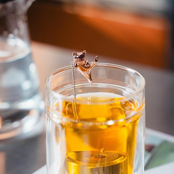 Cat Tea Infuser Stainless Steel with Secure Clip Rose Gold Kitty - Cute Animal Tea Ball Strainer, Reusable Loose Leaf Infuser w/Hanging Clip & Glass Holder Gift for Tea Lovers