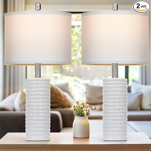 24.5" Modern Ceramic Table Lamps for Living Room ，Farmhouse Nightstand Lamps Set of 2 with White Linen Shade Office Reading Lamp ，Bedroom Lamps for Bedside End Table, Bedroom, Living Room, White - Bloomnest