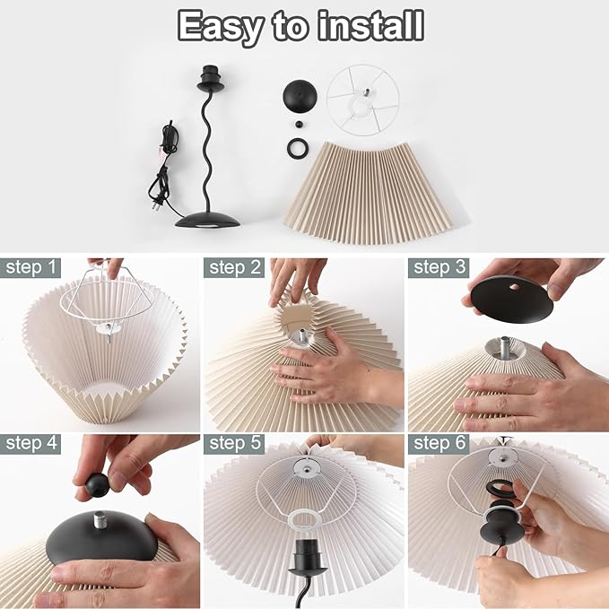 Pleated Table Lamp, S Tube Modern Table Lamp for Bedroom, Bedside Lamps with Organic Textured Linen Lampshade for Nightstand Bedroom Home Office Decor, Black - Bloomnest