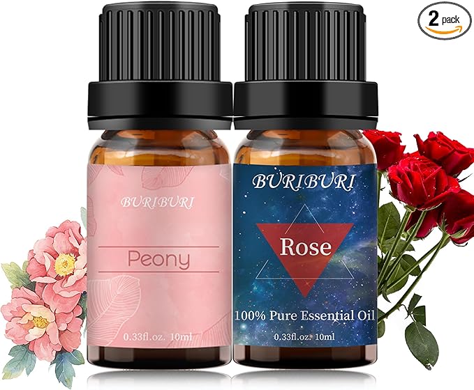 BURIBURI Rose Oil and Peony Essential Oil Set 2 Pack, 100% Pure Diffuser Rose Essential Oil 10ml for Massage, Soap Making BURIBURI