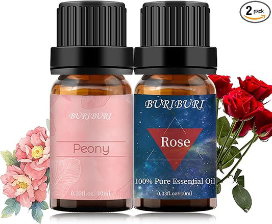 BURIBURI Rose Oil and Peony Essential Oil Set 2 Pack, 100% Pure Diffuser Rose Essential Oil 10ml for Massage, Soap Making BURIBURI