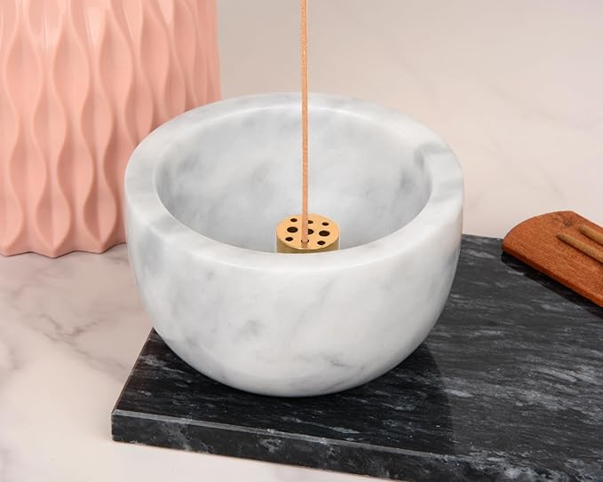 Natural Marble Incense Holder with Brass 9 Holes Incense Stick Holder, Incense Burner ash Catcher, for Meditation Incense Burning, Easily Grab Incense Ash (White), XL-01 - Bloomnest
