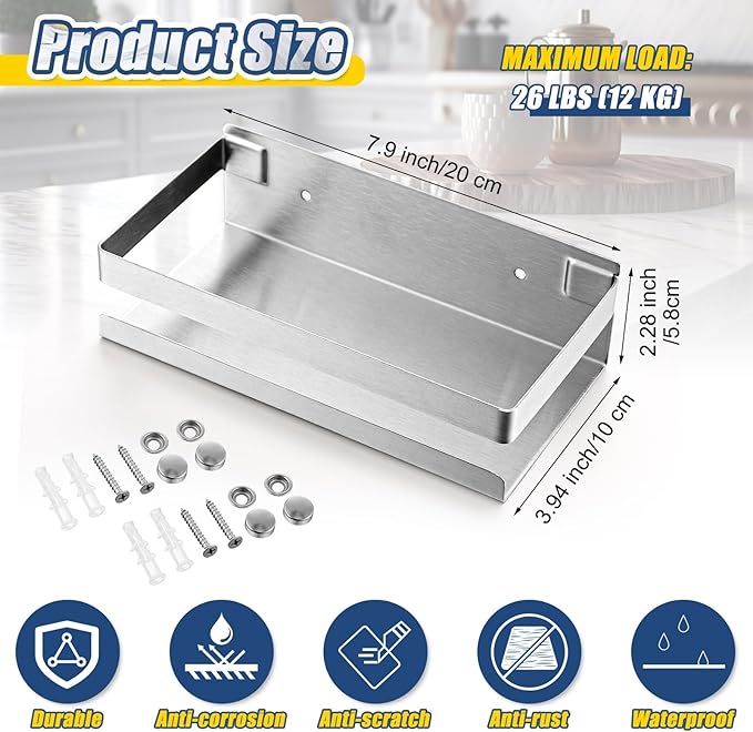 Lallisa 2 Pieces Stainless Steel Shelf Bathroom Shower Floating Shelves Wall Mounted Shower Caddy Basket Shelf Storage Organizer Shelves for Bathroom, Kitchen, Living Room (7.87 Inches/ 20 cm,Silver) - Bloomnest