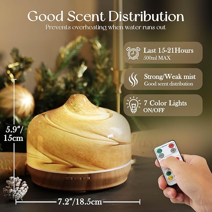 Porseme 500ml Essential Oil Diffuser, Aroma Ultrasonic Humidifier with Remote Control, BPA Free, Auto Shut-Off, Timer Setting for Large Room Sleeping Yoga - Bloomnest