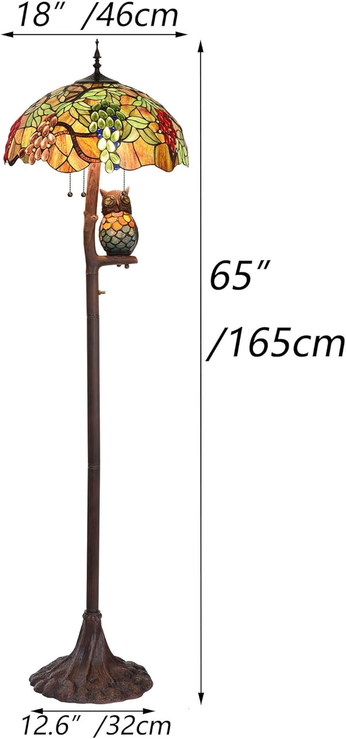 Bieye L10766 Grapes Tiffany Style Stained Glass Double-Lit Floor Lamp with Owl Night Light, 18" Wx65 H - Bloomnest