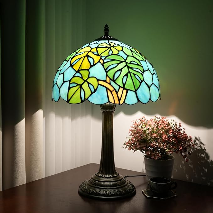 Tiffany Lamp Monstera Deliciosa Style Stained Glass Table Lamp Vintage Monstera Swiss Cheese Plant Bedroom Bedside Light for Home Dorm Office Art Craft Antique Decor 12x12x19 Inches - Bloomnest