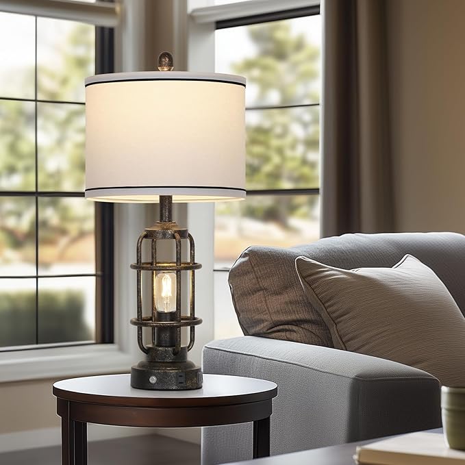 26" Vintage Industrial Table Lamps Set of 2, Farmhouse 3 Way Dimmable Touch Control LED Night Lights Table Lamp with USB A+C Ports & AC Outlet, Rustic Retro Beside Nightstand Lamp for Bedrooms Bronze - Bloomnest