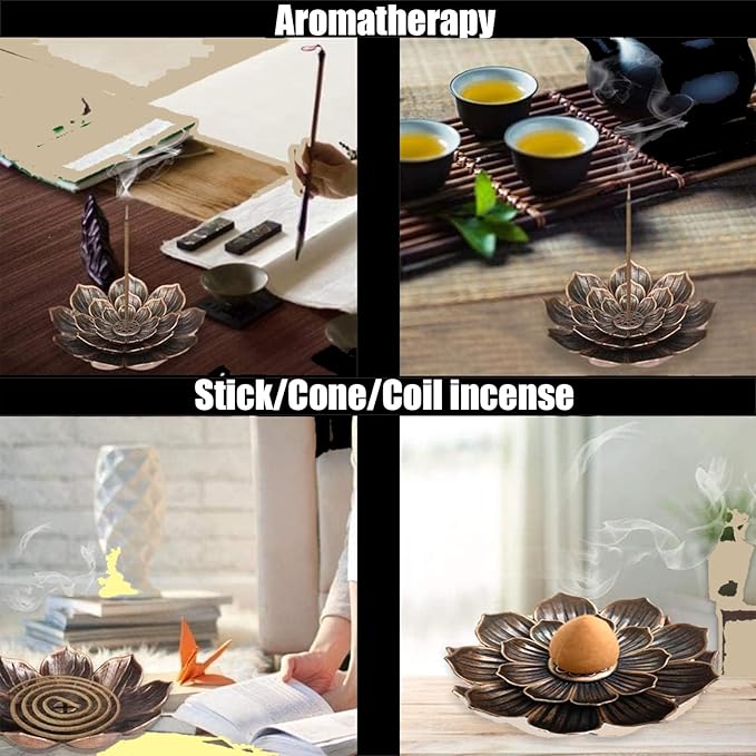 AmaSiverRock Cone Incense Burner - Brass Lotus Ash Catcher Waterfall Backflow Incense Holder for Sticks - Meditation Yoga Decor Home