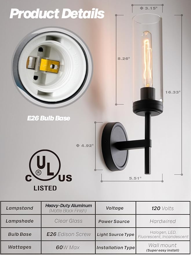 Modern Wall Sconces Set of Two, Black Bathroom Vanity Light with Handblown Clear Glass Hardwired Wall Sconce Light for Bathroom Mirror Bedroom Livingroom Hallway Indoor - Bloomnest