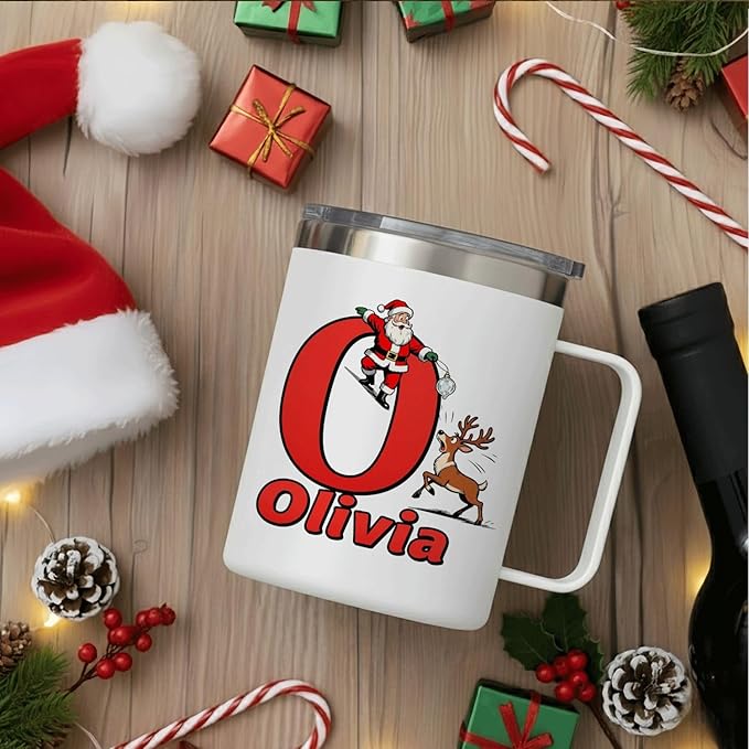 Personalized Christmas Mug with Name Initial - Custom Santa Reindeer 12oz Insulated Stainless Steel Coffee Cup Tumbler with Handle & Lid - Fun Holiday Xmas Gifts for Kids, Women, Men, Family (B150) - Bloomnest