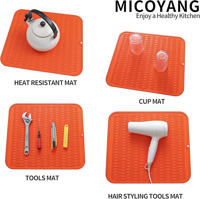 Silicone Dish Drying Mat for Multiple Usage,Easy clean,Eco-friendly,Heat-resistant Silicone Mat for Kitchen Counter or Sink,Refrigerator or Drawer Liner Orange XL 18 inches x 16 inches - Bloomnest