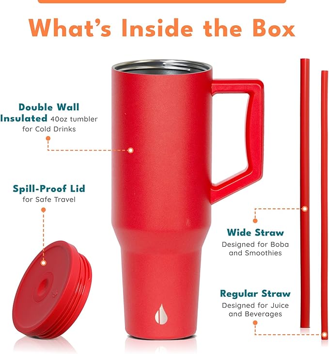 Elemental 40 oz Tumbler with Handle and Straw - Spill Proof Insulated Stainless Steel Commuter for Hot and Cold Beverages - Travel Coffee Mug with 2 Straws & Spill Proof Lid - 40oz - Red - Bloomnest