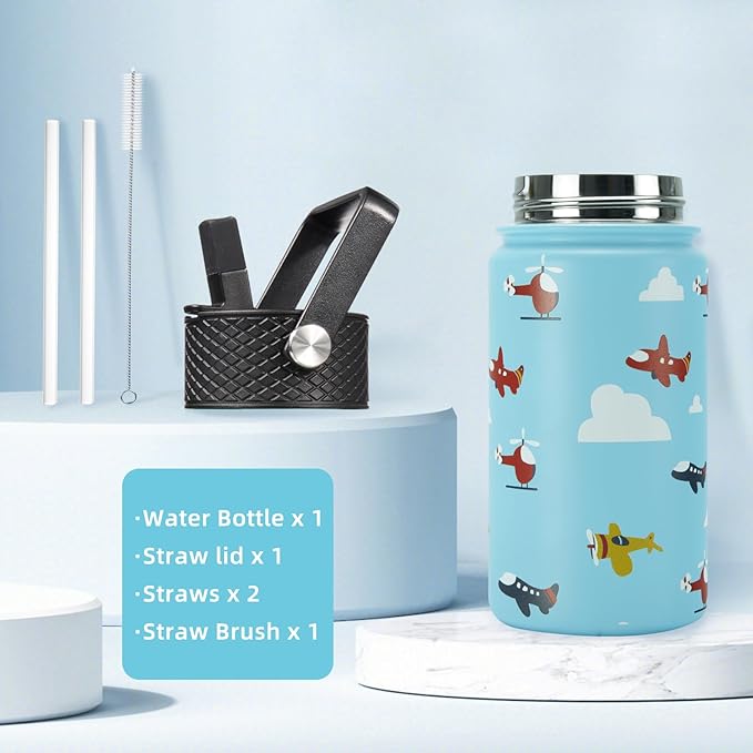 BJPKPK Water Bottle with Straw Lid, 15 oz Insulated Water Bottle, Stainless Steel Metal Water Bottles, Reusable Leak Proof BPA Free Thermo, Flask, Cups, Aircraft - Bloomnest