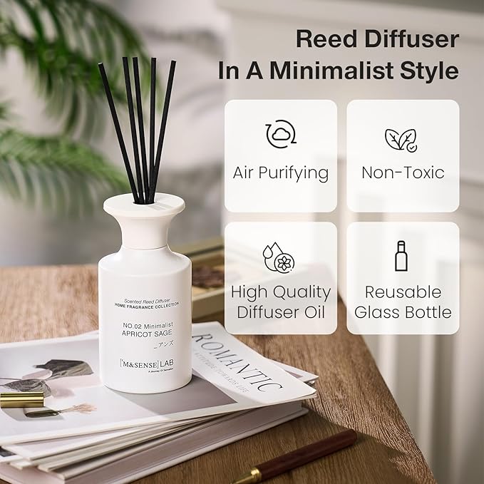 M&SENSE Reed Diffuser Set, 10.14 oz Non Toxic Reed Diffuser Apricot Sage Scented Home Fragrance Aromatherapy Diffuser for Bedroom Bathroom Office Home Decor Housewarming Gift