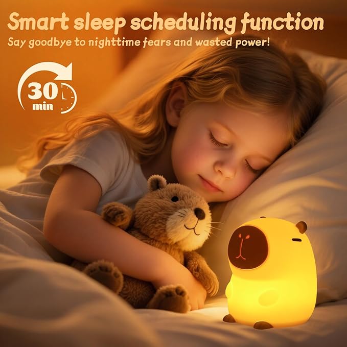 Capybara Night Light for Kids, Squishy Lamp, 1200mAh Long-Lasting Battery, Rechargeable Touch Control, Dimmable with 30-Min Timer, Capybara Gifts for Nursery Halloween Bedroom Decor - Bloomnest