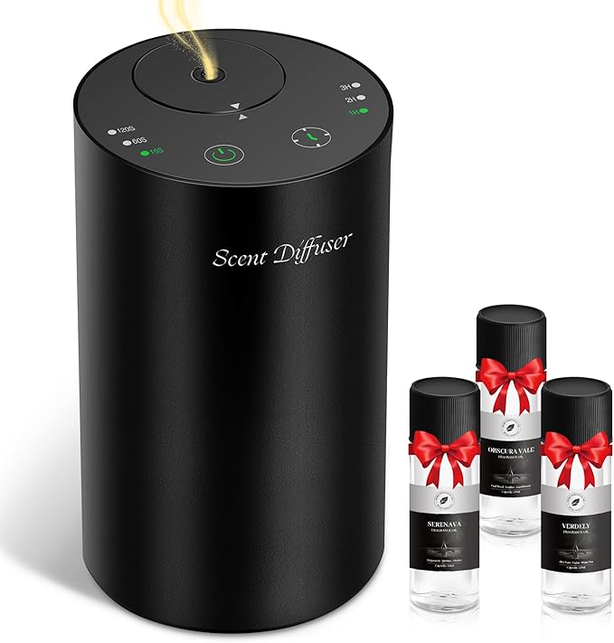 Waterless Essential Oil Diffuser Starter Kit - No Water Needed, Battery Operated Mini Scent Air Machine, Included 3x20ML Essential Oils, Portable Aromatherapy Diffuser for Home & Car & Office, Black - Bloomnest