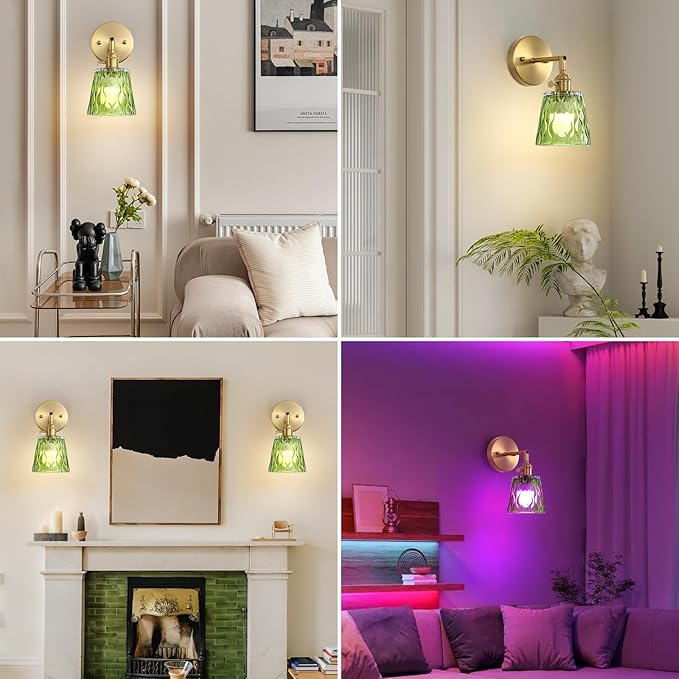 2 Pack Vintage Battery Operated Wall Sconces with Green Glass Shade, Wireless Rechargeable RGB Wall Light, Remote Control & 180 Degree Adjustable, for Bedroom Living Room Hallway Aisle - Bloomnest