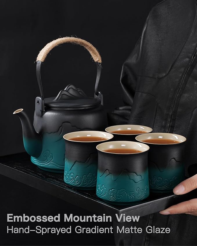 ZENS Vintage Japanese Tea Set, Gradient Embossed Ceramic Japanese Teapot with 4 Teacups, Hemp Rope Handle 33.8 oz Loose Leaf Teapot with Built-in Strainer for Tea Steeper Gifts, Black & Green - Bloomnest