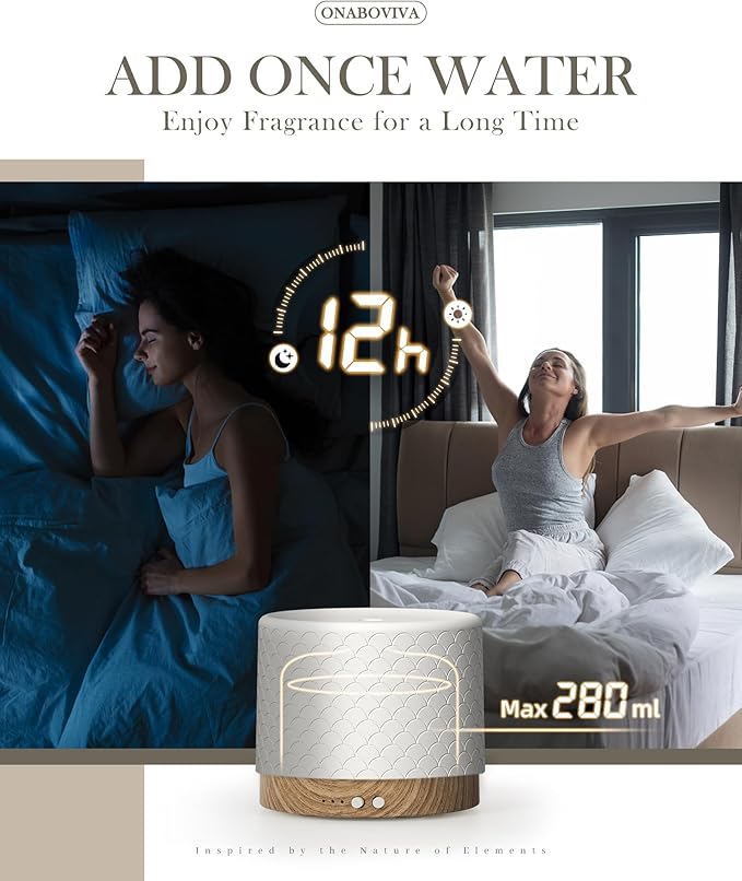 Essential Oil Diffuser, Aesthetic Ceramic Diffusers for Essential Oils,Ultrasonic 280ml Aroma Fragrance Diffuser with Cool Mist Humidifier Deffuser for Home,Office,Yoga,Bathroom