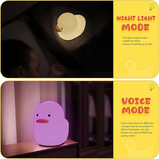 UNEEDE Voice Control LED Benson Night Light, Cute Duck Animal Silicone Nursery Night Light Rechargeable Table Lamp Bedside Lamp with Touch Sensor for Baby Girls Women Bedrooms, Living Room - Bloomnest