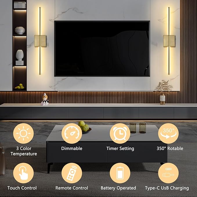 2 Pack Wall Sconces Battery Operated, Wall Sconces 3000K-6000K Dimmable Rechargeable Wall Sconce with Remote Control, 350°Rotate LED Wireless Wall Lights for Living Room, Hallway, Bedroom(Gold) - Bloomnest