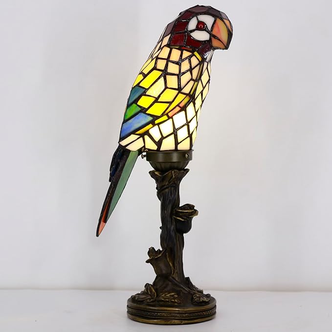 Small Tiffany Lamp Parrot Table Lamp Stained Glass Accent Lamp 15.3 Inch Tall Mini Desk Bedside Night Light for Kids Bedroom (White) - Bloomnest