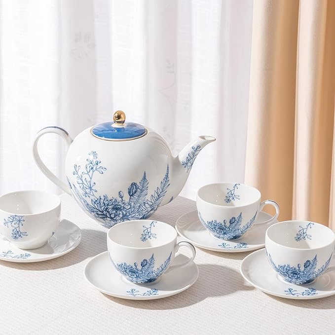 Tea Sets for Women Gift, Blue Porcelain Tea Set, 37 oz Large Teapot Set with Infuser,Tea Cups and Saucers for 4 in European Style, Tea Gift Sets for Holidays - Bloomnest