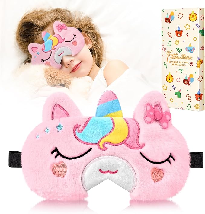 Sleep Mask for Kids - Cute Cartoon Plush Fuffy Sleeping Eye Cover Bow Unicorn Kawaii Soft Eyeshade with Adjustable Strap Animal Eye Blindfold for Kids Girls Boys Teens - Bloomnest
