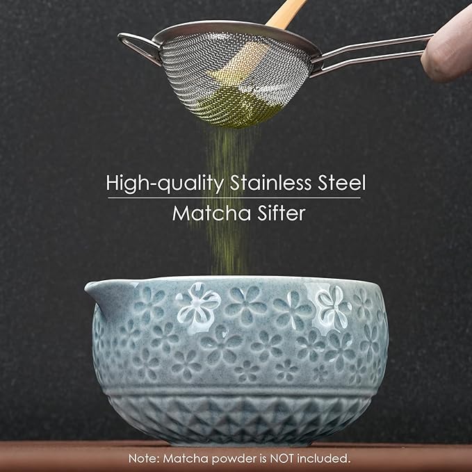 7Pcs Matcha Whisk Set, Ceramic Matcha Bowl with Spout, Bamboo Whisk and Holder,Bamboo Scoop,Scoop Rest,Sifter,Tea Towel, Matcha Kit with Cherry Blossom Carved Patterns for Matcha Lovers (Sakura Blue) - Bloomnest