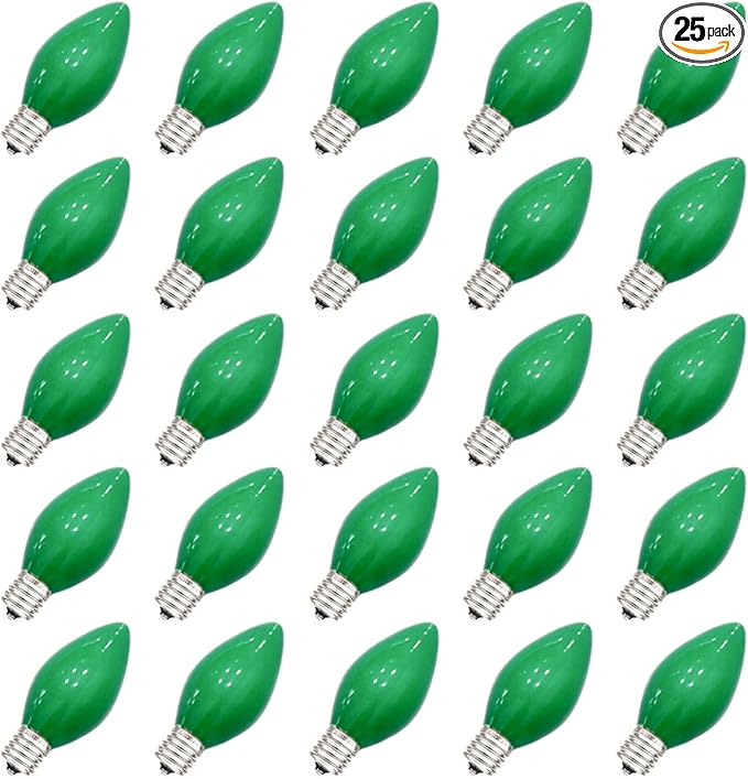 SUNSGNE C7 Ceramic Green Replacement Bulbs, 25 Pack St. Patrick's Day Light Bulb Night Light Candle Bulb, Outdoor String Light Bulbs for St. Patrick's Day Patio Christmas Decor, C7/E12 Base-5 Watt - Bloomnest