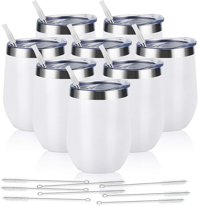 8 Pack 12Oz Stainless Steel Wine Tumblers, Insulated Wine Tumbler, Double Wall Insulated Wine Glass, Stainless Steel Stemless Wine Cups with Lids for Coffee, Wine, Cocktails, Champaign, White - Bloomnest